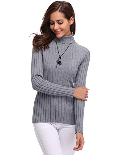 Aibrou Jersey de Cuello Alto para Mujer Sólido Ligero Suave Elástico Manga Larga Pull-Over Suéter （  Gris ， S ）