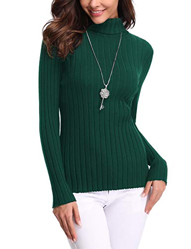 Aibrou Jersey de Cuello Alto para Mujer Sólido Ligero Suave Elástico Manga Larga Pull-Over Suéter （  Verde ， S ）