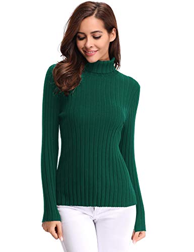 Aibrou Jersey de Cuello Alto para Mujer Sólido Ligero Suave Elástico Manga Larga Pull-Over Suéter （  Verde ， S ）