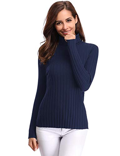 Aibrou Jersey de Mujer Sólido Ligero Suave Elástico Manga Larga Pull-Over Suéter Jersey de Cuello Alto （  Armada ， L ）