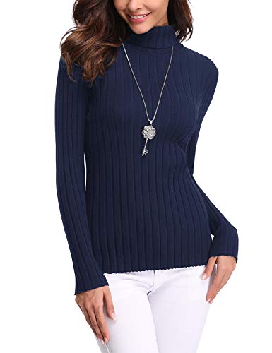 Aibrou Jersey de Mujer Sólido Ligero Suave Elástico Manga Larga Pull-Over Suéter Jersey de Cuello Alto （  Armada ， L ）