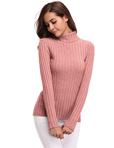 Aibrou Jersey de Mujer Sólido Ligero Suave Elástico Manga Larga Pull-Over Suéter Jersey de Cuello Alto （  Rosa A ， S ）