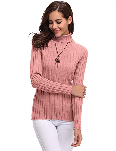 Aibrou Jersey de Mujer Sólido Ligero Suave Elástico Manga Larga Pull-Over Suéter Jersey de Cuello Alto （  Rosa A ， S ）