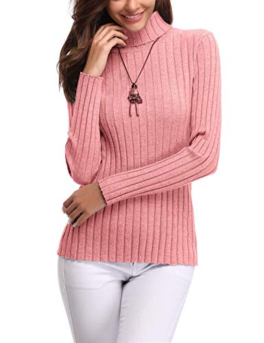 Aibrou Jersey de Mujer Sólido Ligero Suave Elástico Manga Larga Pull-Over Suéter Jersey de Cuello Alto （  Rosa A ， S ）