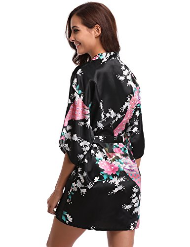 Aibrou Kimono Mujer Novia Bata Corto Sexy y Elegante con Pavo & Flores Pijamas Albornozes Camison Mujer Suave,Cómodo,Sedoso y Agradable