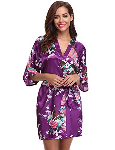 Aibrou Kimono Mujer Novia Bata Corto Sexy y Elegante con Pavo & Flores Pijamas Albornozes Camison Mujer Suave,Cómodo,Sedoso y Agradable