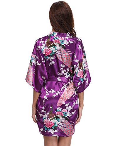 Aibrou Kimono Mujer Novia Bata Corto Sexy y Elegante con Pavo & Flores Pijamas Albornozes Camison Mujer Suave,Cómodo,Sedoso y Agradable