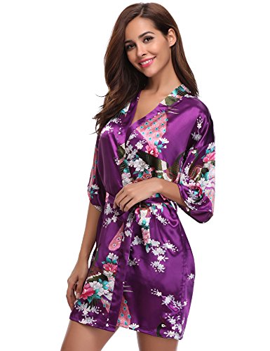 Aibrou Kimono Mujer Novia Bata Corto Sexy y Elegante con Pavo & Flores Pijamas Albornozes Camison Mujer Suave,Cómodo,Sedoso y Agradable