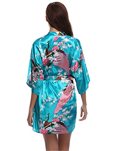 Aibrou Kimono Mujer Novia Bata Corto Sexy y Elegante con Pavo & Flores Pijamas Albornozes Camison Mujer Suave,Cómodo,Sedoso y Agradable