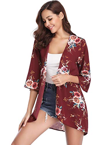 Aibrou Kimonos Mujer Flojo Cárdigan Kimono Florales Manga 3/7 Tops Blusa Floral Suelta Casual Boho Style Capas,(Vino Rojo, M)