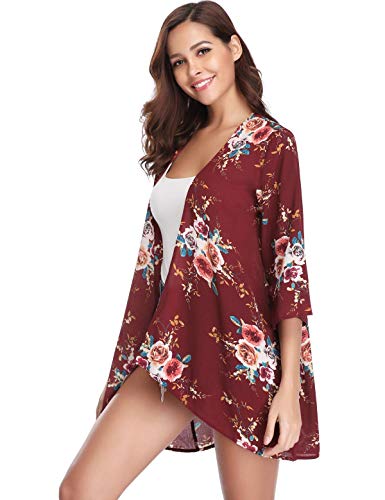 Aibrou Kimonos Mujer Flojo Cárdigan Kimono Florales Manga 3/7 Tops Blusa Floral Suelta Casual Boho Style Capas,(Vino Rojo, M)