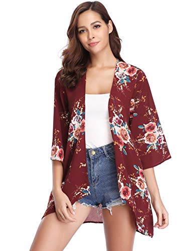 Aibrou Kimonos Mujer Flojo Cárdigan Kimono Florales Manga 3/7 Tops Blusa Floral Suelta Casual Boho Style Capas,(Vino Rojo, M)