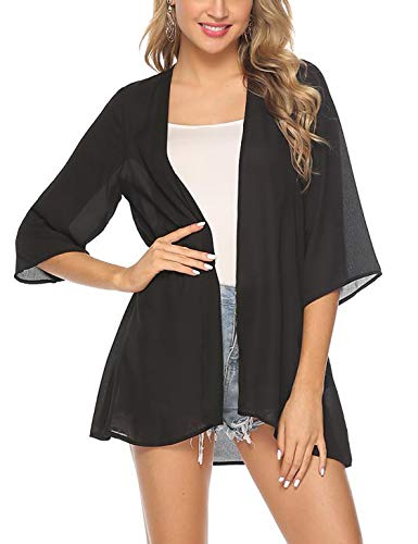 Aibrou Kimonos Mujer Flojo Cárdigan Kimono Florales Manga 3/9 Tops Blusa Floral Suelta Casual Boho Style Capas,(Negro sólido, S)