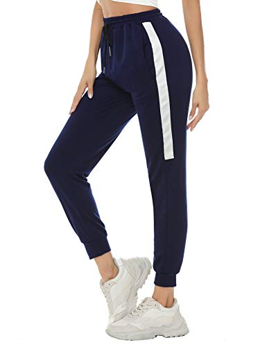 Aibrou Pantalones Deporte Mujer Pantalones Chandal Algodón Pantalón Jogger Yoga Fitnes Pantalones de Punto de Rayas, (Armada, L)