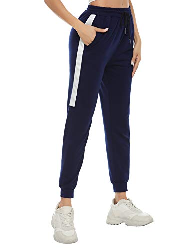 Aibrou Pantalones Deporte Mujer Pantalones Chandal Algodón Pantalón Jogger Yoga Fitnes Pantalones de Punto de Rayas, (Armada, L)