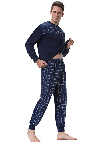 Aibrou Pijama Hombre Algodón Invierno Largo,Pijamas Cuadros Ropa de Dormir Causal Camiseta y Pantalones Cómodo cálido Talla S-XXL