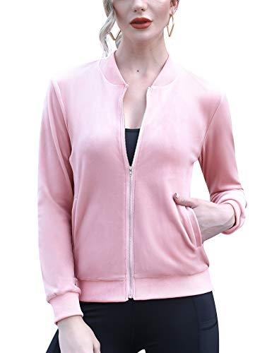 Aibrou Sudadera Terciopelo con Cremallera para Mujer,Chaqueta Chándal Terciopelo,Abrigo Deportiva de Manga Larga con Cuello Alto, Tops sin Sombrero,Corredores,Pijamas (Rosado, L)
