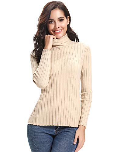 Aibrou Suéter de Cuello Alto para Mujer, Jersey Cuello Alto Manga Larga Mujer Primavera y Otoño （  Albaricoque ， XL ）