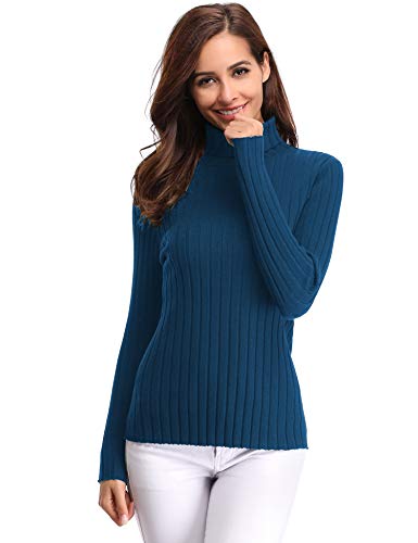 Aibrou Suéter de Cuello Alto para Mujer, Jersey Cuello Alto Manga Larga Mujer Primavera y Otoño （  Azul ， L ）