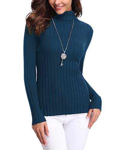 Aibrou Suéter de Cuello Alto para Mujer, Jersey Cuello Alto Manga Larga Mujer Primavera y Otoño （  Azul ， L ）