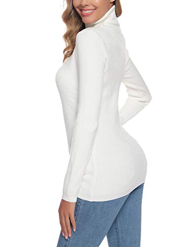 Aibrou Suéter de Cuello Alto para Mujer, Prendas de Punto de Manga Larga elásticas Suaves, livianas y sólidas Jersey con Raya de Diamantes  Blanco L