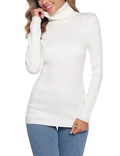 Aibrou Suéter de Cuello Alto para Mujer, Prendas de Punto de Manga Larga elásticas Suaves, livianas y sólidas Jersey con Raya de Diamantes  Blanco L