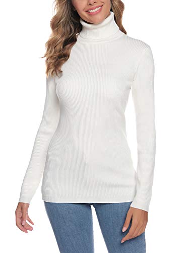 Aibrou Suéter de Cuello Alto para Mujer, Prendas de Punto de Manga Larga elásticas Suaves, livianas y sólidas Jersey con Raya de Diamantes  Blanco L
