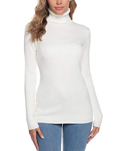 Aibrou Suéter de Cuello Alto para Mujer, Prendas de Punto de Manga Larga elásticas Suaves, livianas y sólidas Jersey con Raya de Diamantes  Blanco L