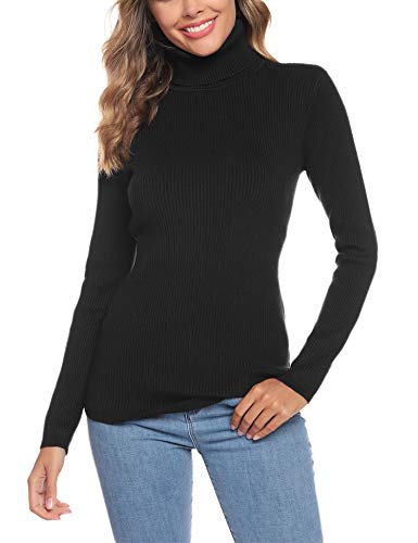 Aibrou Suéter de Cuello Alto para Mujer, Prendas de Punto de Manga Larga elásticas Suaves, livianas y sólidas Jersey con Raya de Diamantes  Negro S