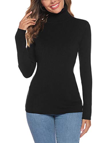 Aibrou Suéter de Cuello Alto para Mujer, Prendas de Punto de Manga Larga elásticas Suaves, livianas y sólidas Jersey con Raya de Diamantes  Negro S