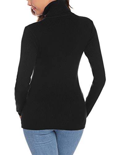 Aibrou Suéter de Cuello Alto para Mujer, Prendas de Punto de Manga Larga elásticas Suaves, livianas y sólidas Jersey con Raya de Diamantes  Negro S