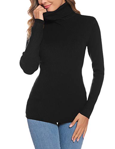 Aibrou Suéter de Cuello Alto para Mujer, Prendas de Punto de Manga Larga elásticas Suaves, livianas y sólidas Jersey con Raya de Diamantes  Negro XL