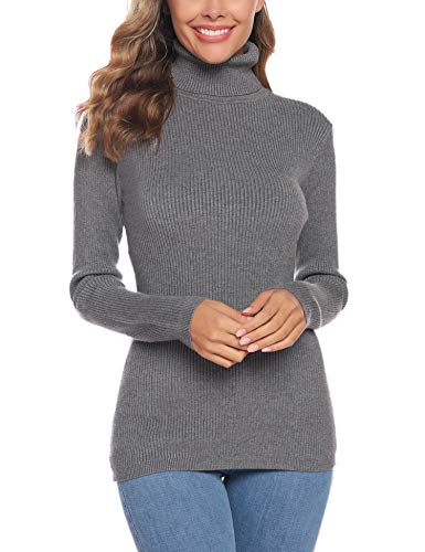 Aibrou Suéter de Cuello Alto para Mujer, Sólido Ligero y Elásticas Suaves Géneros de Punto de Manga Larga Suéter Jumper  Gris XL