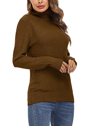 Aibrou Suéter de Cuello Alto para Mujer,Jersey de Manga Larga Liso Suave y elástico con Textura de Rayas oblicuas,Invierno (Marrón S)