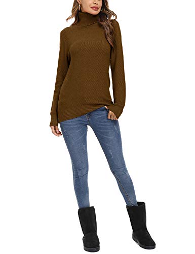 Aibrou Suéter de Cuello Alto para Mujer,Jersey de Manga Larga Liso Suave y elástico con Textura de Rayas oblicuas,Invierno (Marrón S)