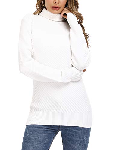 Aibrou Suéter de Manga Larga para Mujer, Jersey de Cuello Alto y Jersey de Cuello Alto Liso Suave y elástico con Textura de Rayas oblicuas (Blanco XL)