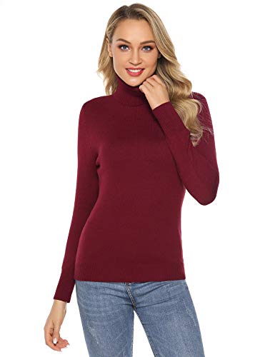 Aibrou Suéter de Manga Larga para Mujer, Jersey de Cuello Alto y Jersey de Cuello Alto Liso Suave y elástico Suave(1# Vino Rojo XXL)