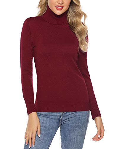 Aibrou Suéter de Manga Larga para Mujer, Jersey de Cuello Alto y Jersey de Cuello Alto Liso Suave y elástico Suave(1# Vino Rojo XXL)