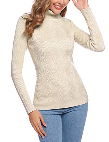 Aibrou Suéter de Manga Larga para Mujer, Prendas de Punto elásticas Suaves, Ligeras y sólidas Jersey de Cuello Alto con Rayas de Diamantes Albaricoque XL