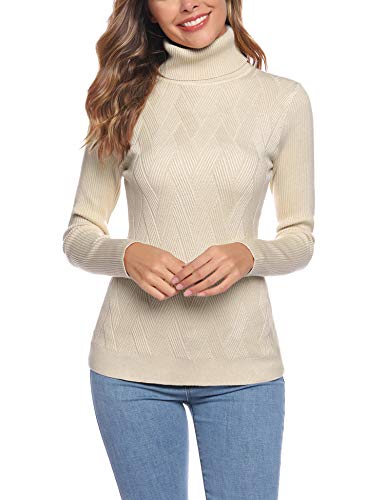 Aibrou Suéter de Manga Larga para Mujer, Prendas de Punto elásticas Suaves, Ligeras y sólidas Jersey de Cuello Alto con Rayas de Diamantes Albaricoque XL