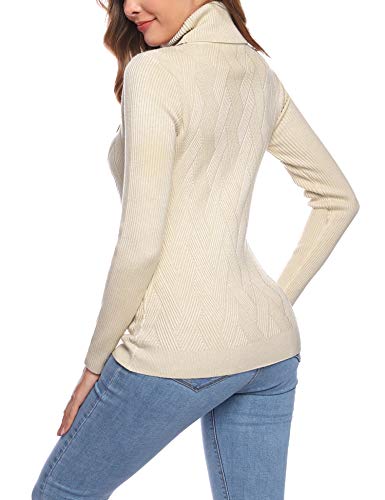 Aibrou Suéter de Manga Larga para Mujer, Prendas de Punto elásticas Suaves, Ligeras y sólidas Jersey de Cuello Alto con Rayas de Diamantes Albaricoque XL