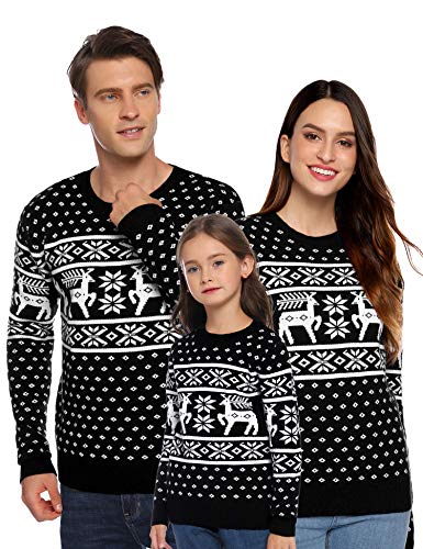 Aibrou Suéter de Navidad para Familia,Jersey de Copos de Nieve de Renos navideños para Mujer Hombre,Jersey Pullover de Punto Vintage de Inviernno Manga Larga para Niño Niña (1# Papá Negro S)