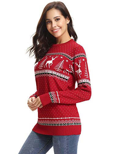Aibrou Suéter de Navidad para Familia,Jersey Pullover de Punto de Copos de Nieve de Renos,Suéter Unisex de Navidad Invierno,Pareja suéter de Navidad (1# Mamá roja S)