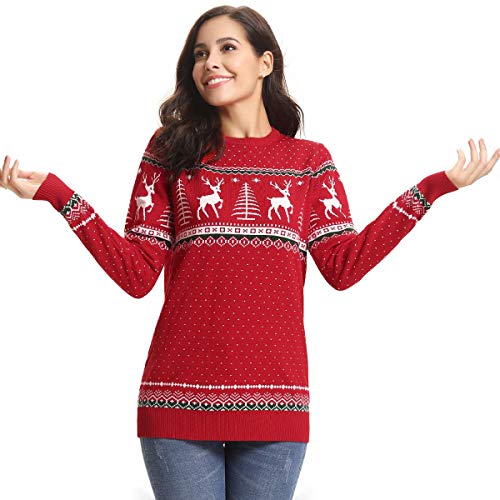 Aibrou Suéter de Navidad para Familia,Jersey Pullover de Punto de Copos de Nieve de Renos,Suéter Unisex de Navidad Invierno,Pareja suéter de Navidad (1# Mamá roja S)