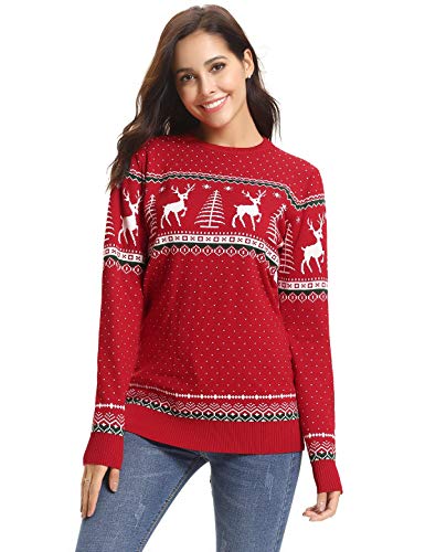 Aibrou Suéter de Navidad para Familia,Jersey Pullover de Punto de Copos de Nieve de Renos,Suéter Unisex de Navidad Invierno,Pareja suéter de Navidad (1# Mamá roja S)