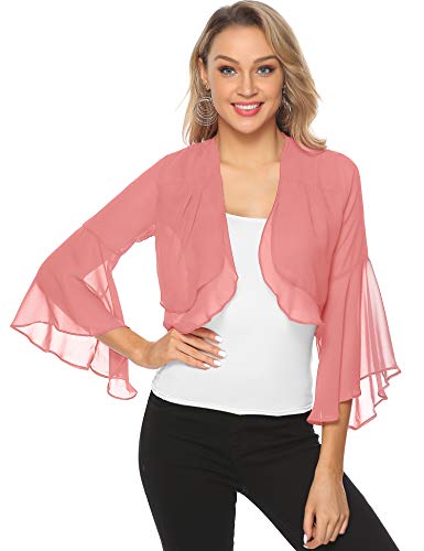 Aibrou Torera Corta para Mujer,Cardigan de Gasa Manga 3/4 Ruffle Chiffon para Verano,Mantón de Vacaciones,Bolero Casual Chaqueta de Gasa para Fiesta Boda,(Rosa,L)