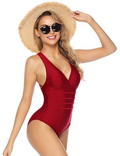 Aibrou Traje de Baño Cuello en V Profundo Sexys Bañador Una Pieza Halter con Espalda Vendaje bañadores Mujer reductores Monokini, (Rojo, L)