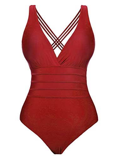 Aibrou Traje de Baño Cuello en V Profundo Sexys Bañador Una Pieza Halter con Espalda Vendaje bañadores Mujer reductores Monokini, (Rojo, L)