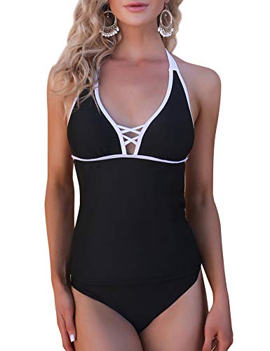 Aibrou Trajes de Baño de 2 Piezas para Mujer,Bañadores Sexys Corbata de Cuello en V Profundo Playa Monokin,Bañador de Reductor,Conjuntos de Bikinis,Playa Tankini (Negro, XXL)