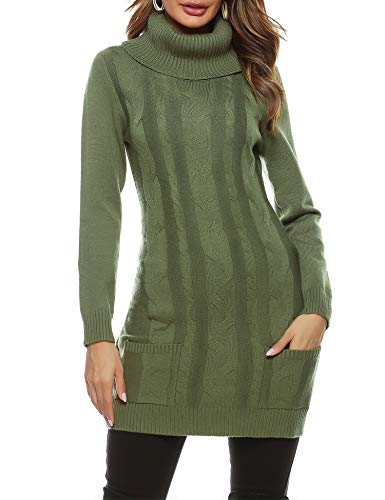 Aibrou Vestido de Punto para Mujer,Elegante Vestido de Suéter de Cuello Alto,Vestido Jersey de Manga Larga con Aguja Gruesa,Invierno  Ejército Verde M